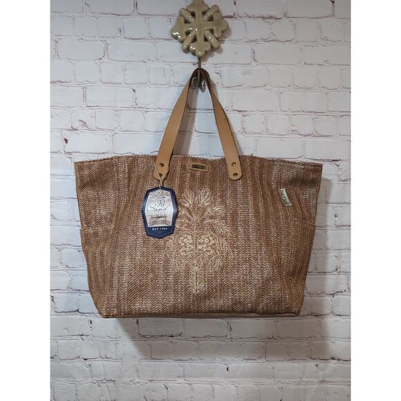 Sun 'N' Sand Woven Poly Straw Beach Tote Bag Faux Leather Handles Embroidered - Picture 1 of 15